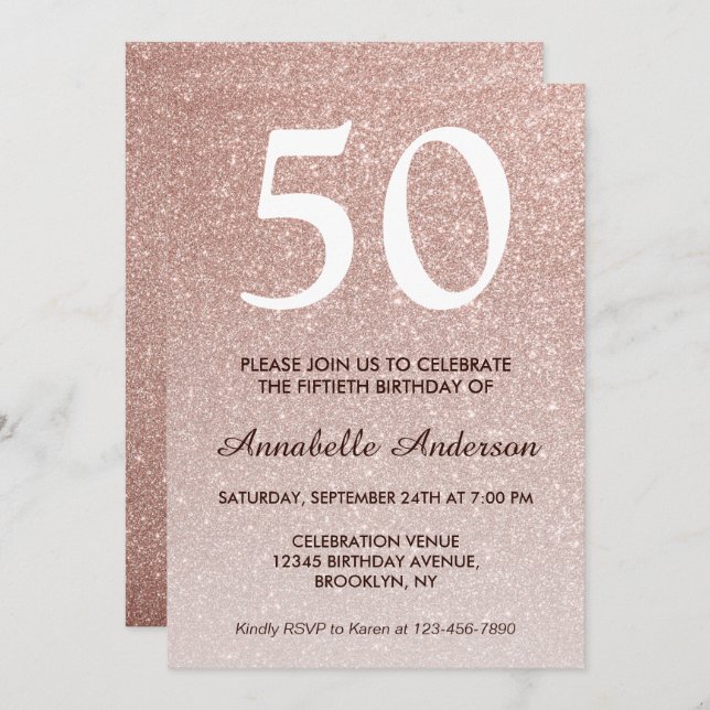 50th Birthday Pink Rose Gold Glitter Sparkle Ombre Invitation (Front/Back)
