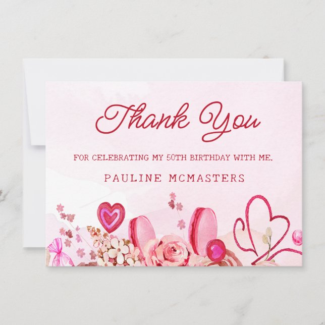 50th Birthday Pink Rose Swirly Heart Thank You (Front)