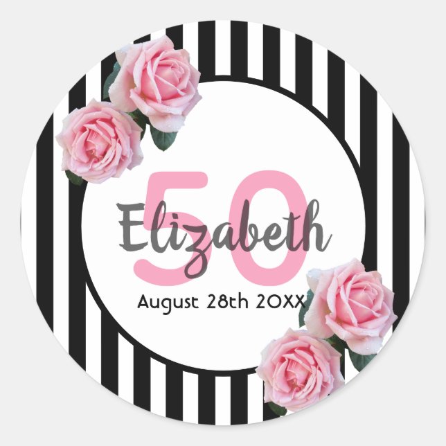 50th birthday pink roses black white stripes classic round sticker (Front)