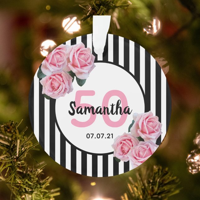 50th birthday pink roses black white stripes ornament (Creator Uploaded)