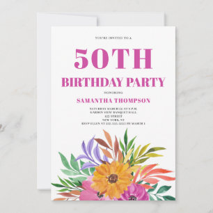50th Birthday Pink Tropical Watercolor Floral  Invitation