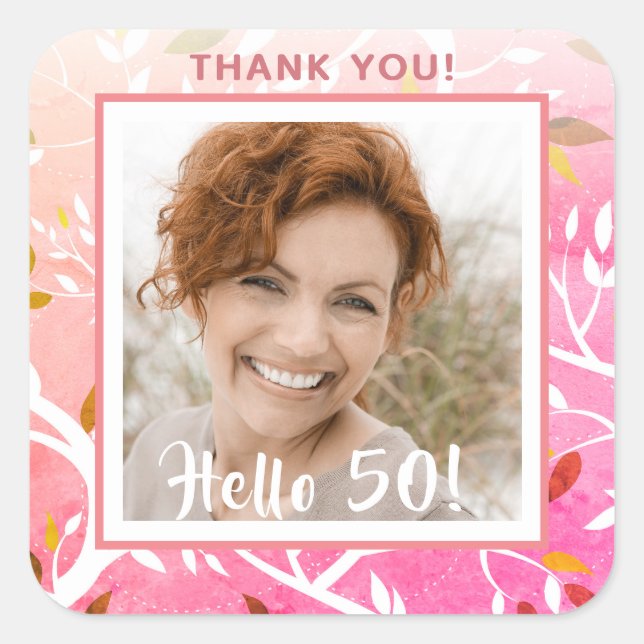 50th birthday pink white foliage photo thank you square sticker (Front)