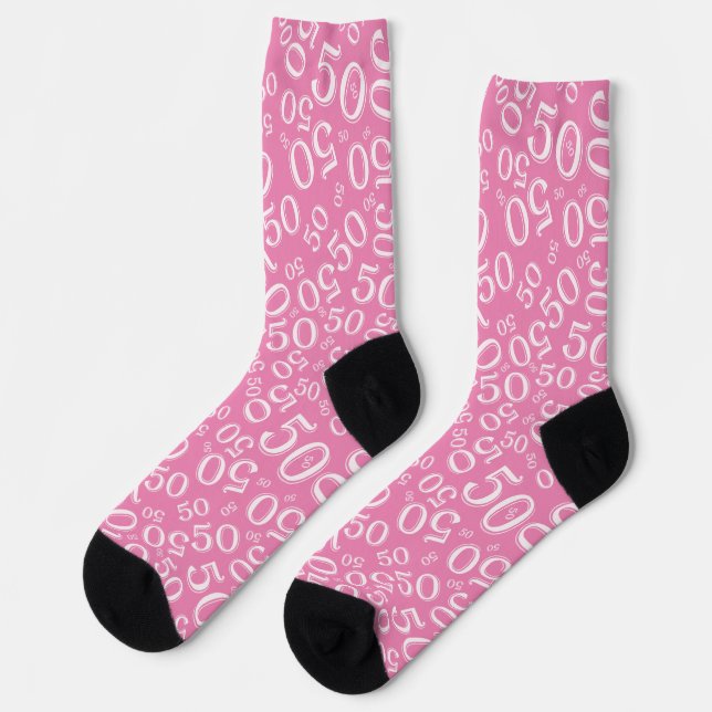 50th Birthday Pink/White Random Number Pattern Socks (Left)