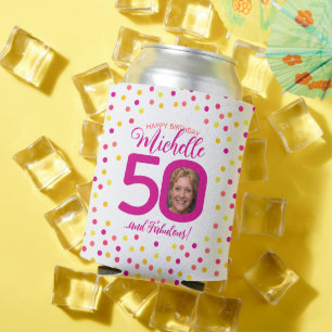 50th birthday pink yellow confetti two photos can cooler