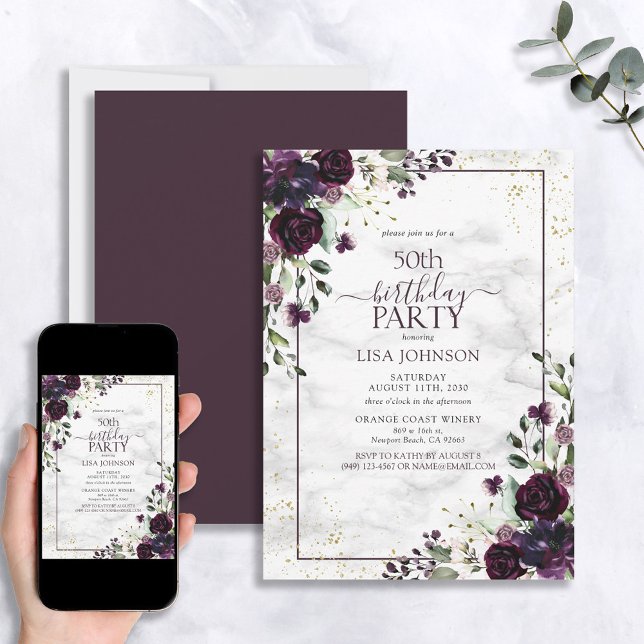 50th Birthday Plum Purple Gold Watercolor Marble Invitation (Creator Uploaded)