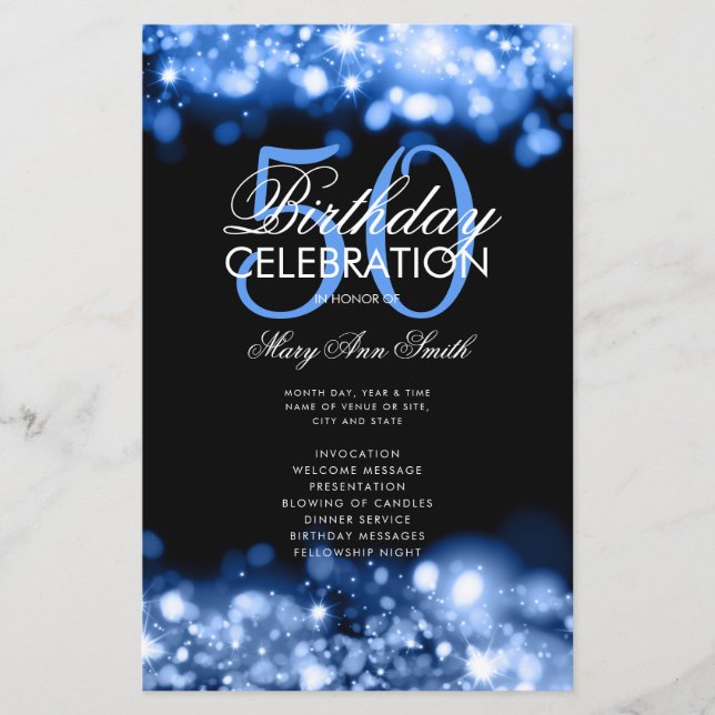 50th Birthday Program Glam Lights Navy Blue Menu (Front)