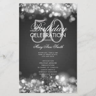 50th Birthday Program Glam Lights Silver w/ Menu