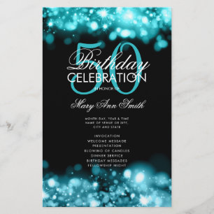 50th Birthday Program Glam Lights Teal Menu