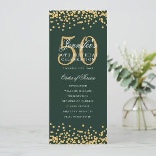 50th Birthday Program Gold Confetti Menu Green