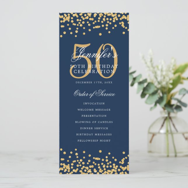 50th Birthday Program Gold Confetti Navy Blue (Standing Front)