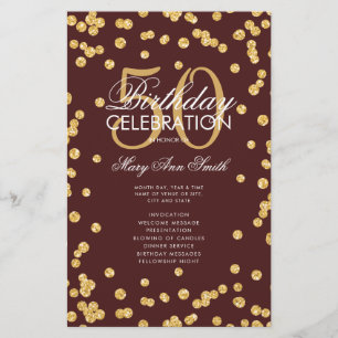 50th Birthday Program Gold Glitter Burgundy Menu