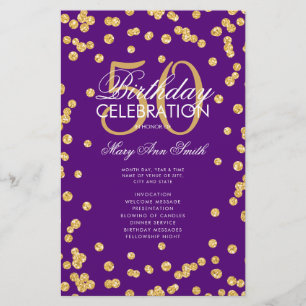 50th Birthday Program Gold Glitter w/ Menu Purple 