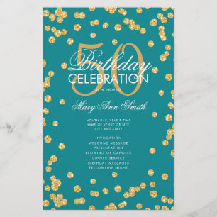 50th Birthday Program Gold Glitter w/ Menu Teal