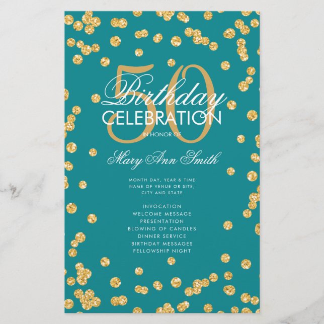 50th Birthday Program Gold Glitter w/ Menu Teal  (Front)
