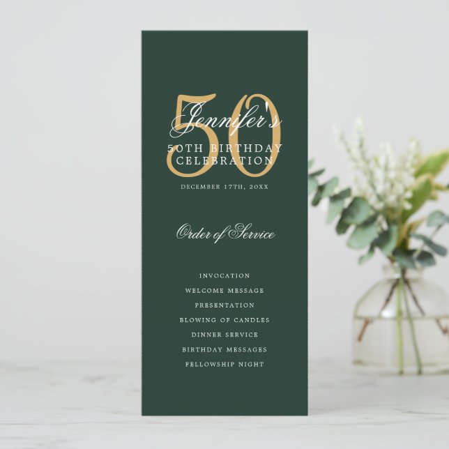 50th Birthday Program Gold Green Thank You (Standing Front)