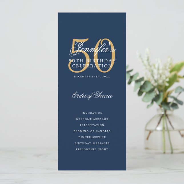 50th Birthday Program Gold Navy Blue Thank You (Standing Front)
