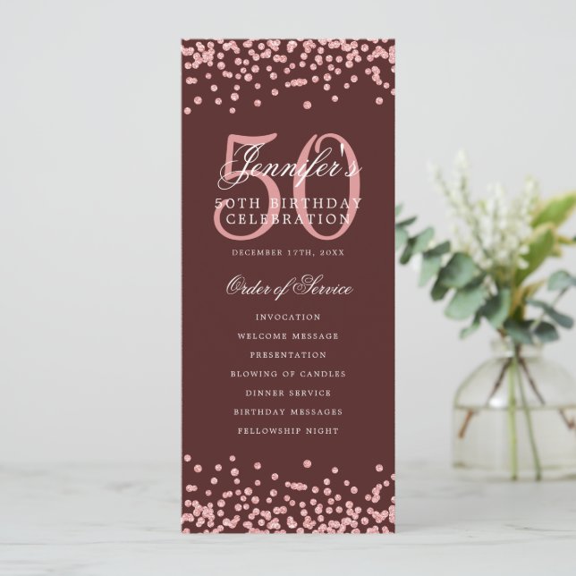 50th Birthday Program Menu Rose Gold Burgundy  (Standing Front)