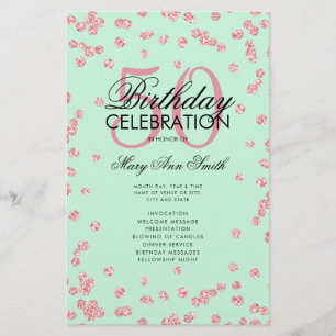 50th Birthday Program Rose Gold Glitter Menu Mint 