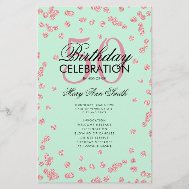 50th Birthday Program Rose Gold Glitter Menu Mint  (Front)