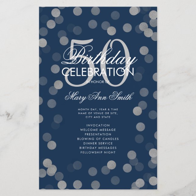 50th Birthday Program Silver Confetti  Menu Navy  (Front)