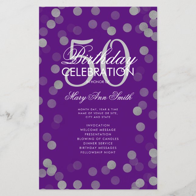 50th Birthday Program Silver Confetti Menu Purple  (Front)