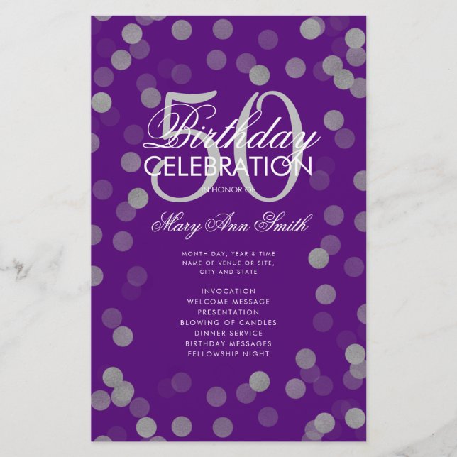 50th Birthday Program Silver Confetti Menu Purple  (Front)