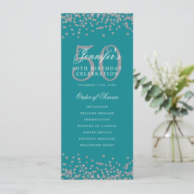 50th Birthday Program Silver Menu Turquoise  (Standing Front)