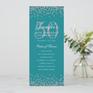 50th Birthday Program Silver Menu Turquoise 