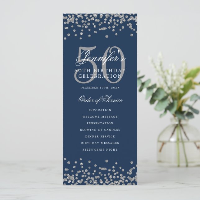50th Birthday Program Silver Navy Blue Confetti (Standing Front)