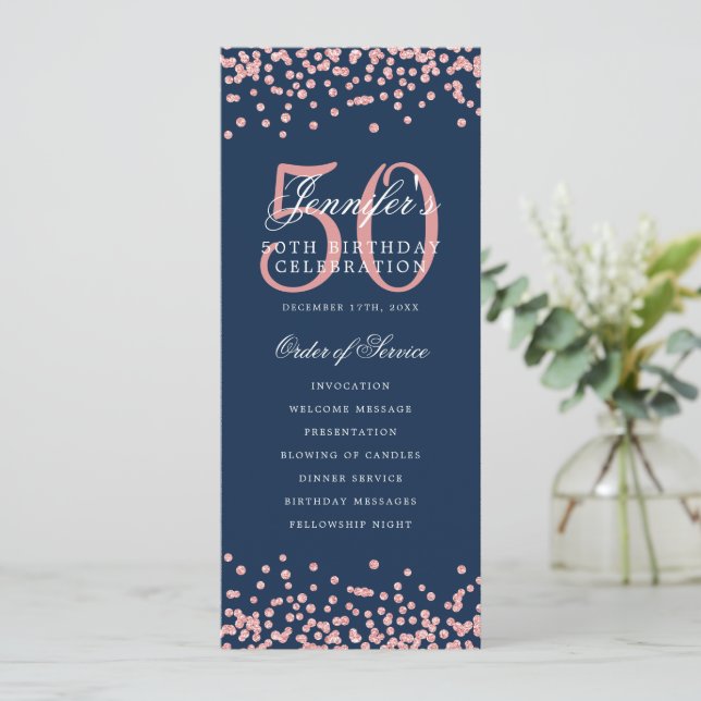 50th Birthday Program Thank U Rose Gold Navy Blue  (Standing Front)