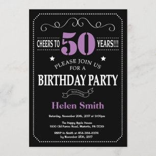 50th Birthday Purple and Black Chalkboard Invitation