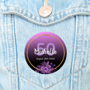 50th birthday purple and black gradient with gold 6 cm round badge