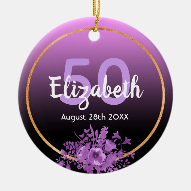 50th birthday purple and black gradient with gold ceramic ornament (Front)