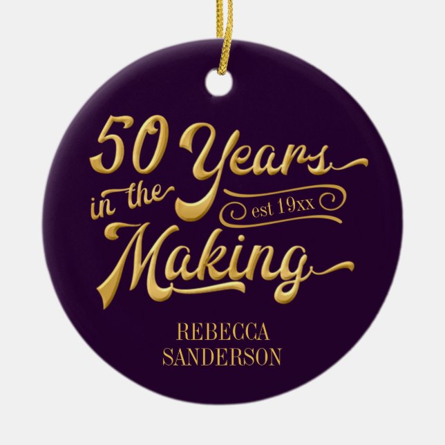 50th Birthday Purple and Gold Photo Keepsake Ceramic Ornament (Front)