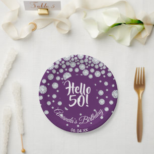 50th birthday purple diamonds hello 50 paper plate