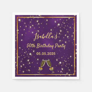 50th birthday purple gold champagne bubbles napkin