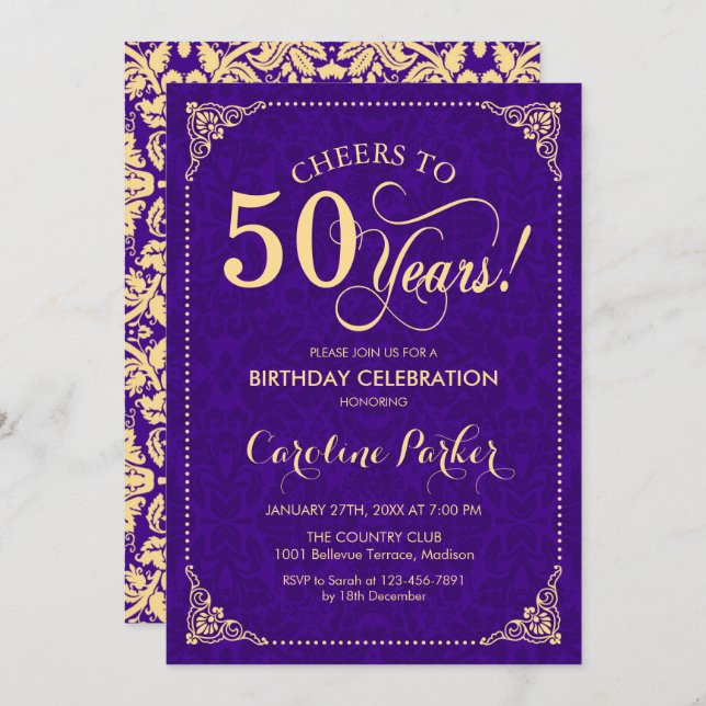 50th Birthday - Purple Gold Damask Invitation (Front/Back)
