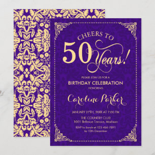 50th Birthday - Purple Gold Damask Invitation