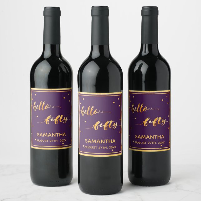50th birthday purple gold hello 50 name script wine label (Bottles)