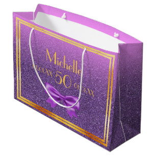 50th birthday purple pink glitter monogram large gift bag
