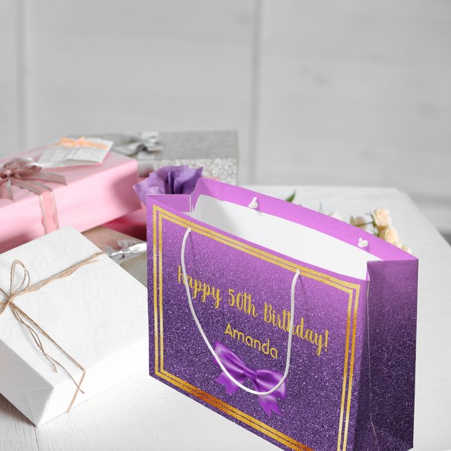 50th birthday purple pink glitter monogram name large gift bag (Creator Uploaded)