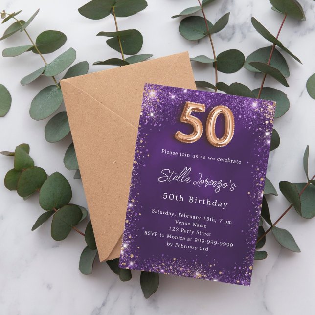 50th Birthday purple rose gold Invitation (Creator Uploaded)