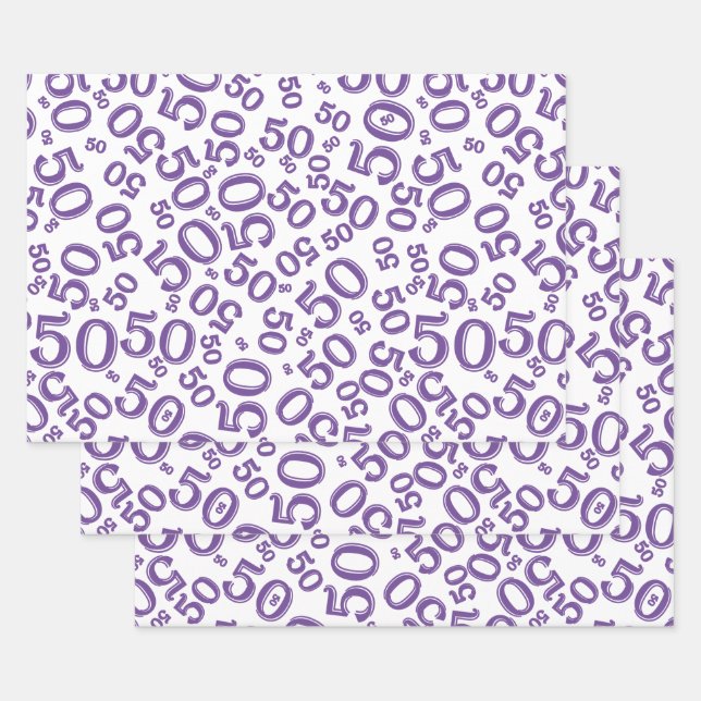 50th Birthday Purple & White Random Number Pattern Wrapping Paper Sheet (Set)