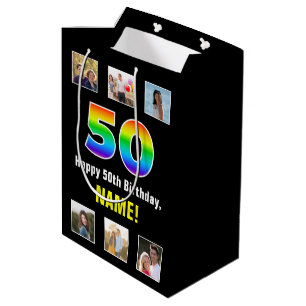 50th Birthday: Rainbow “50“, Custom Photos & Name Medium Gift Bag