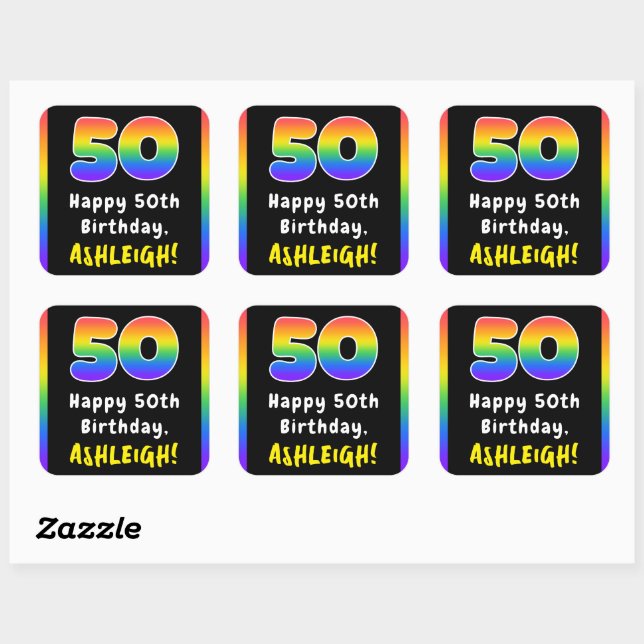 50th Birthday: Rainbow Spectrum # 50, Custom Name Square Sticker (Sheet)