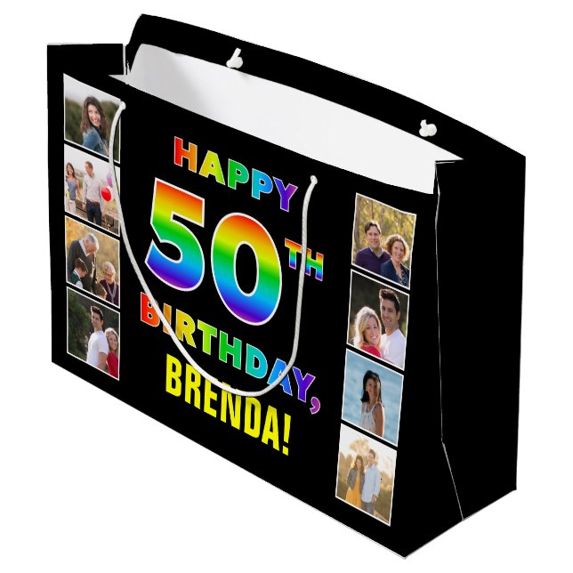 50th Birthday: Rainbow Text, Custom Photos & Name Large Gift Bag (Back Angled)