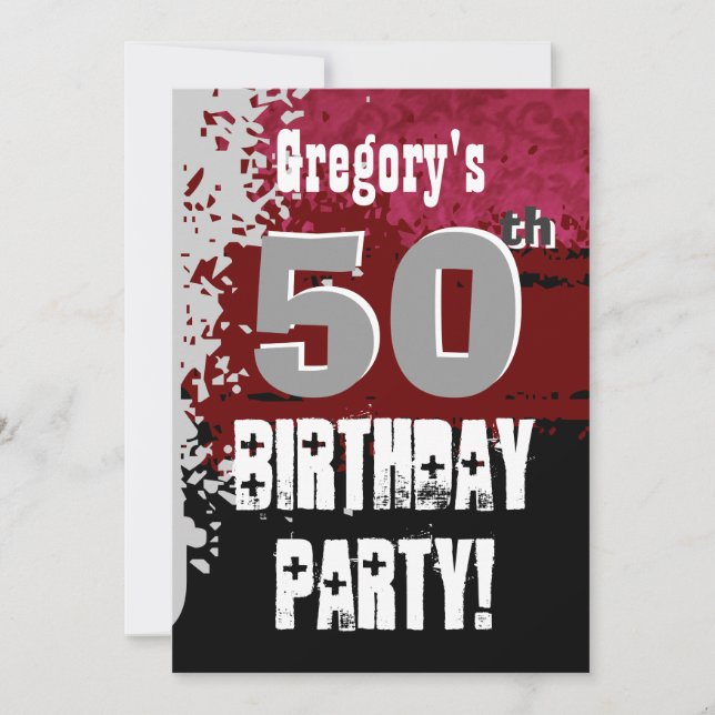 50th Birthday Red and Black Grunge Custom Name Invitation (Front)