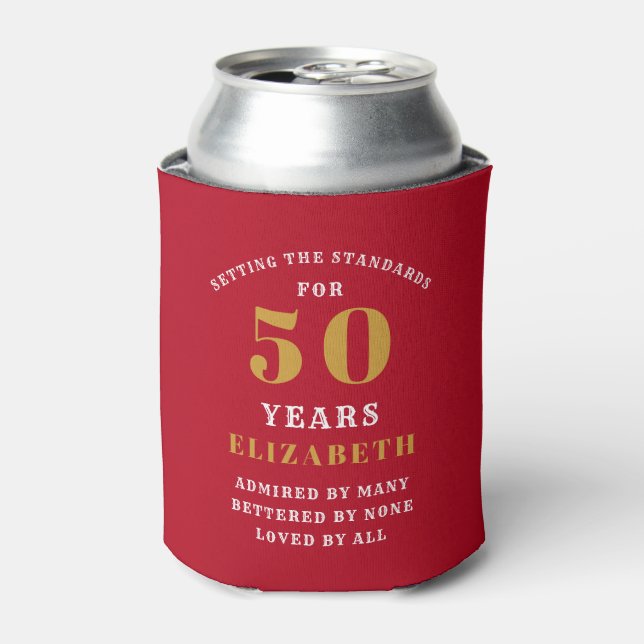 50th Birthday Red And Gold Add Your Name Can Cooler (Can Front)