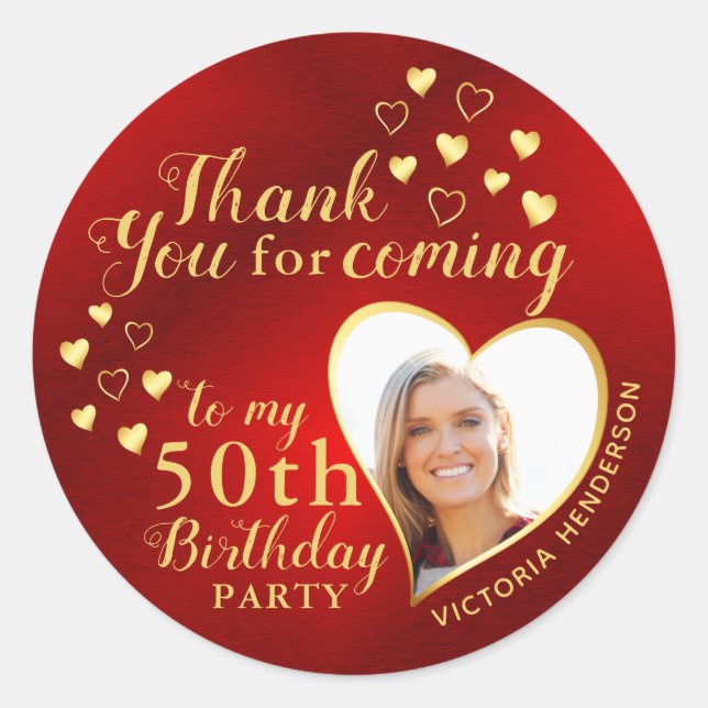 50th Birthday Red and Gold Favour Thank You Classic Round Sticker (Front)