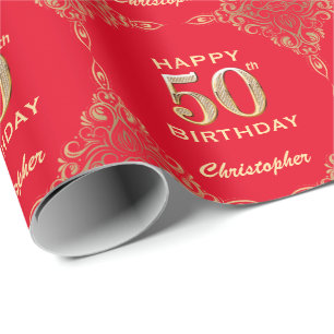 50th Birthday Red and Gold Glitter Frame Wrapping Paper